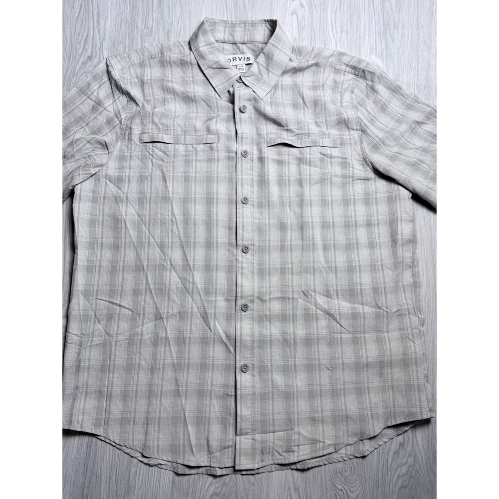 Orvis Mens Gray Plaid Short Sleeve Fishing Shirt Large Polyester Performance Top